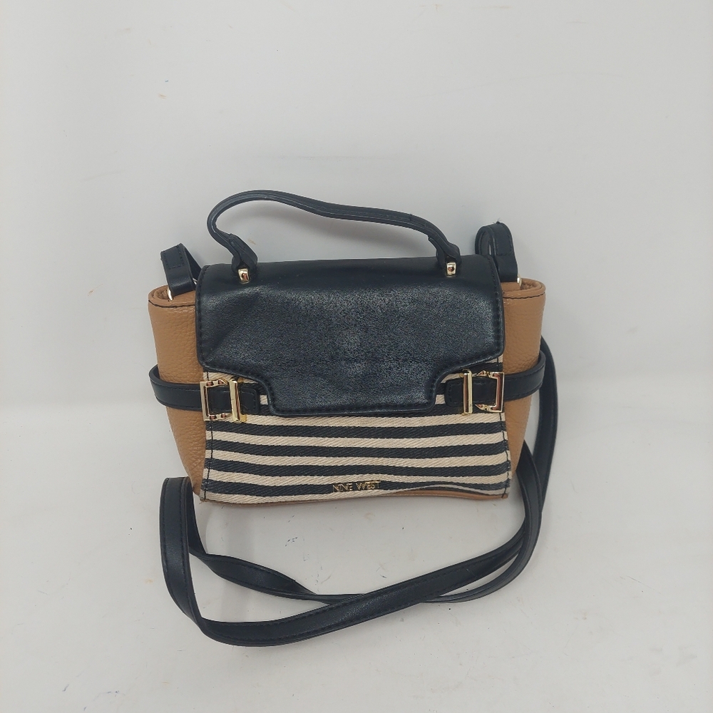 Nine West Black White Striped Canvas Brown Faux Leather Top Handle Crossbody Bag